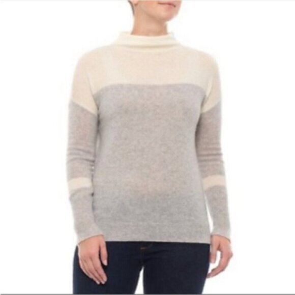 TAHARI Ivory Cream Tan 100% Cashmere Funnel Neck Pullover Sweater Medium - Picture 1 of 12
